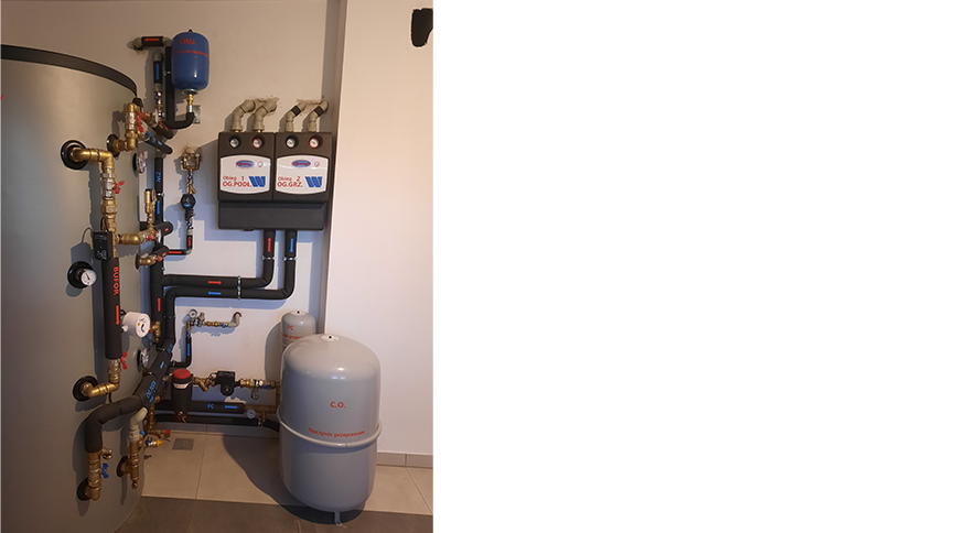 WATTS HK25 and HKM25 pump groups with a VB25/32-2 boiler manifold, connected to a buffer tank, expansion vessel, and insulated pipework for underfloor and radiator heating distribution.