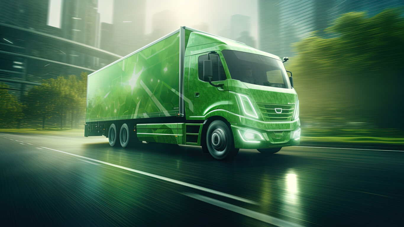 Green lorry driving in big city