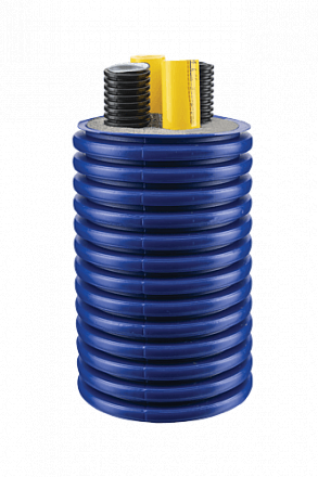 Microflex HP pre-insulated flexible piping for heat pump connection, blue corrugated outer sheath, dual yellow and black inner pipes, front perspective view.