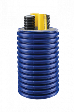 Microflex HP pre-insulated flexible piping for heat pump connection, blue corrugated outer sheath, dual yellow and black inner pipes, front perspective view.