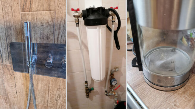 Imagen de tres paneles que muestra los efectos de la dureza del agua: un sistema de ducha moderno, una unidad de filtración de agua WATTS OneFlow OFTWH instalada en una pared de azulejos y un hervidor de vidrio con acumulación visible de cal.