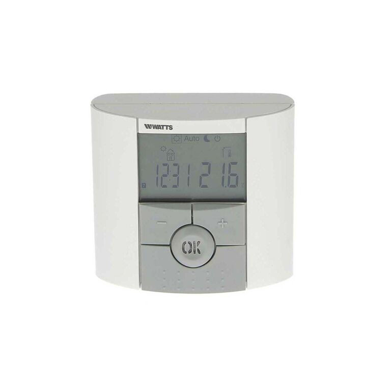 Programmable wired room thermostat BTDP, white, with LCD display showing time and temperature, control buttons including OK, plus, and menu navigation, compact curved design, front view