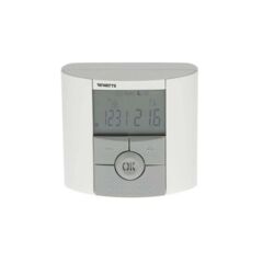 Programmable wired room thermostat BTDP, white, with LCD display showing time and temperature, control buttons including OK, plus, and menu navigation, compact curved design, front view