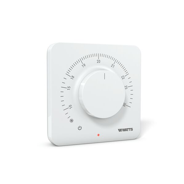 Bezprzewodowy analogowy termostat pokojowy Watts BT-A03-RF, biały, wyposażony w pokrętło do regulacji temperatury, widok z przodu pod kątem.
