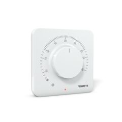 Watts BT-A03-RF wireless analog room thermostat, white, featuring a rotary dial for temperature control, front angled view.