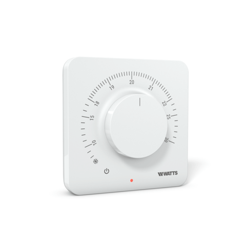 Watts BT-A03-RF draadloze analoge kamerthermostaat, wit, met een draaiknop voor temperatuurregeling, hoekaanzicht aan de voorkant.
