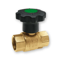 Watts KDW ball valve for drinking water, brass body with black handwheel and internal threads on both ends, oblique front view