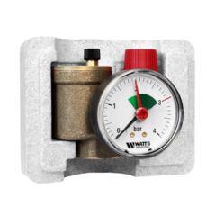 Watts KSG-30N boiler safety group up to 50 kW, compact design with visible rear insulating shell, integrated pressure gauge, automatic air vent and red 3-bar safety valve, angled front view.c
