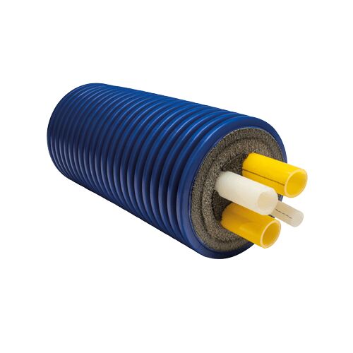 Microflex Quadro pre-insulated pipe with blue outer casing, four integrated service pipes (two yellow for heating, two white for sanitary), angled front view.