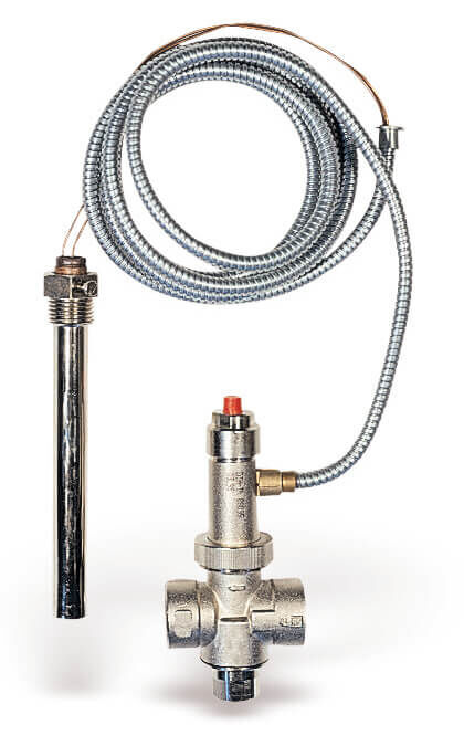 Watts STS20 thermal drain valve with immersion sensor, capillary tube and valve housing, front view.