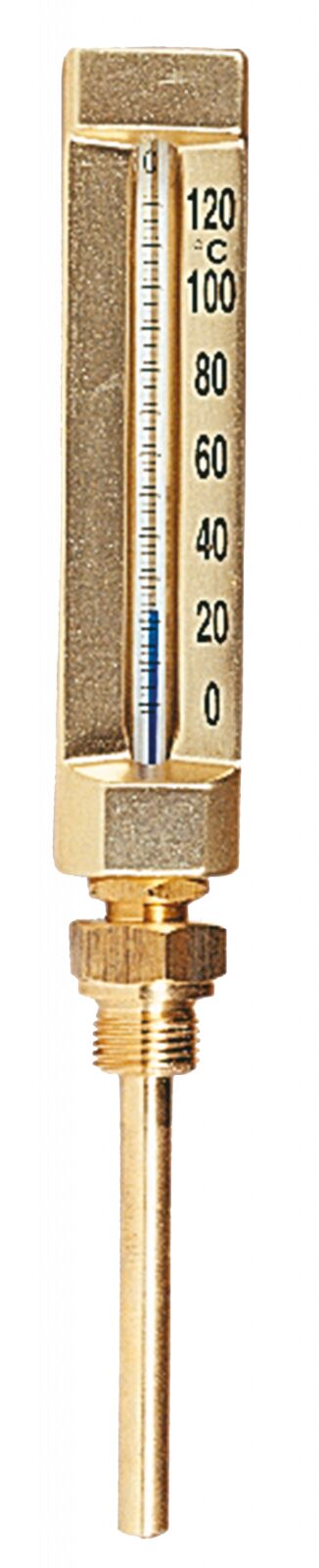 Watts TID brass straight immersion thermometer, scale 0-120 °C, with threaded sleeve, front view.