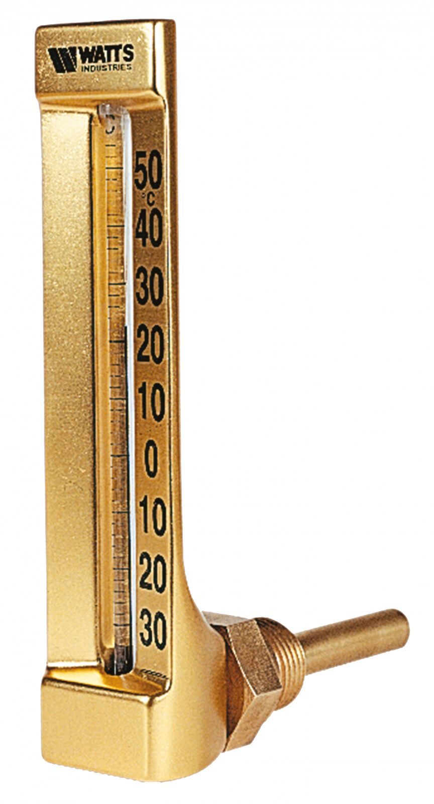 Watts TID brass immersion thermometer, 0-120 °C scale, threaded sleeve, front view.