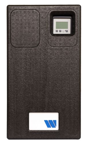 “Watts HIU Heat Comfort Compact E heat interface unit, black EPP-insulated front panel with integrated LCD controller, front view.