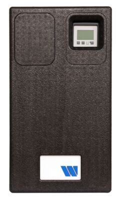 “Watts HIU Heat Comfort Compact E heat interface unit, black EPP-insulated front panel with integrated LCD controller, front view.