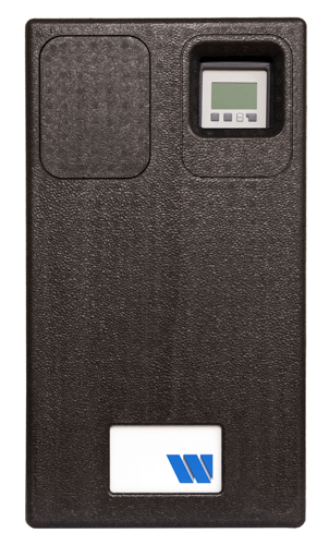 “Watts HIU Heat Comfort Compact E heat interface unit, black EPP-insulated front panel with integrated LCD controller, front view.