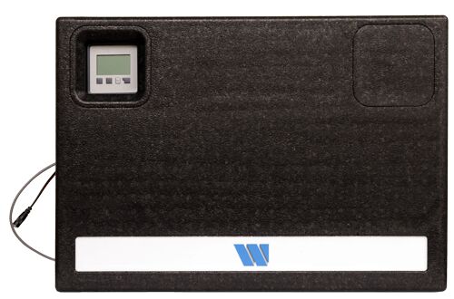 Watts HIU Heat Comfort E heat interface unit, black EPP-insulated front panel with integrated LCD controller, front view.