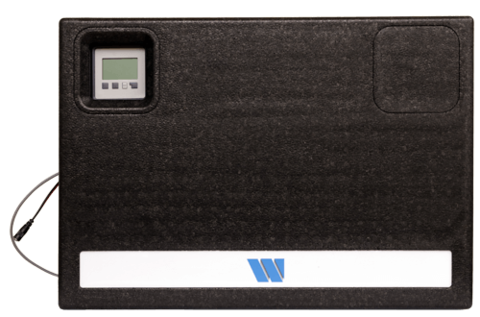 Watts HIU Heat Comfort E heat interface unit, black EPP-insulated front panel with integrated LCD controller, front view.