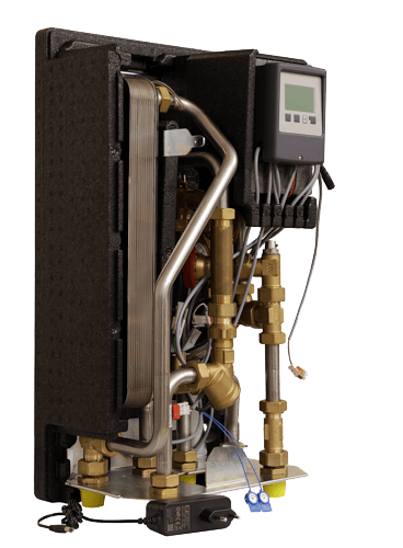 Watts HIU Heat Comfort Compact E heat interface unit, compact vertical design with plate heat exchanger, circulator pump, brass valves and LCD controller, left-side front perspective.