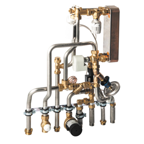 Watts HIU 2 HK heat interface unit for unmixed heating circuits, featuring a plate heat exchanger, priority switch for domestic hot water, integrated adapters for heat and cold water meters, space-saving design, front view.