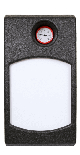 Watts pump group FlowBox HK25-Single (flow line only), black EPP thermal insulation with integrated thermometer, front view
