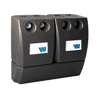 Two Watts FlowBox DN20 pump groups mounted on VB20-2 manifold bar, black EPP insulation with integrated thermometers, angled front view.