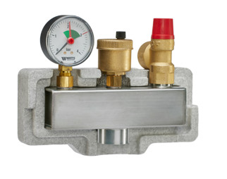 Heating safety and control accessory set, including a pressure gauge, air vent, and safety valve mounted on a metal and insulated base
