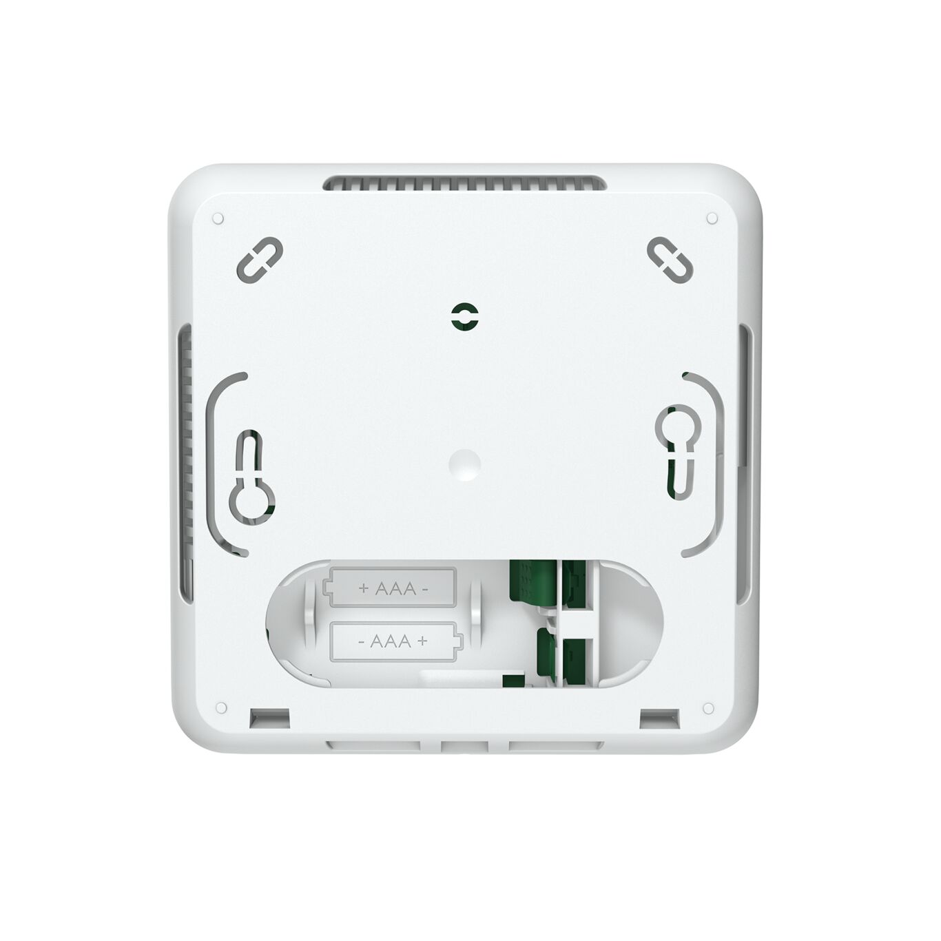Programmeerbare draadloze kamerthermostaat BT-DP03-RF, achteraanzicht met batterijvak voor twee AAA-batterijen