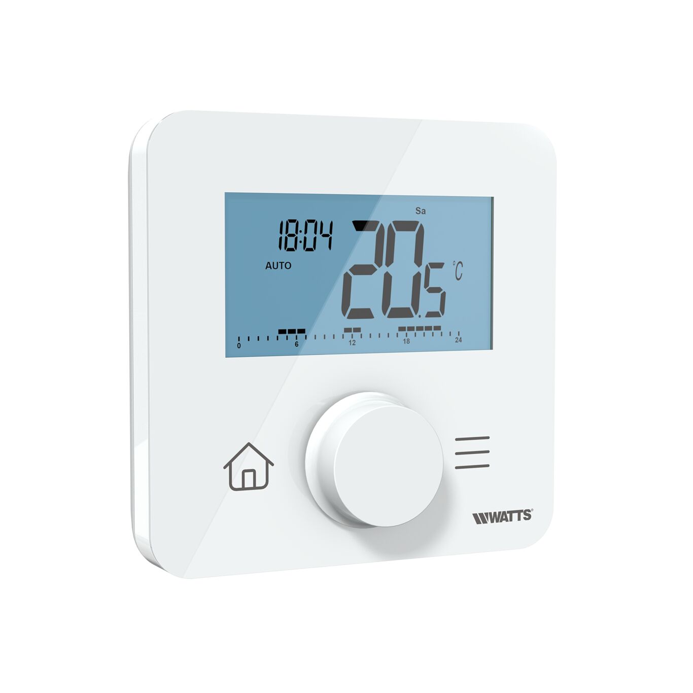 Programmable wireless room thermostat BT-DP03-RF, white, LCD display with temperature and time, rotary control knob, angled view
