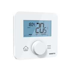 Programmable wireless room thermostat BT-DP03-RF, white, LCD display with temperature and time, rotary control knob, angled view