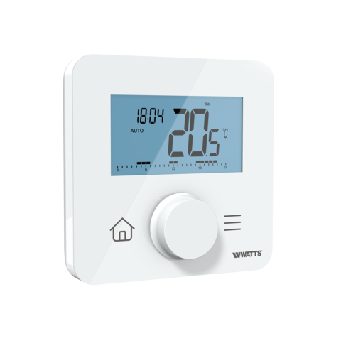 Programmable wireless room thermostat BT-DP03-RF, white, LCD display with temperature and time, rotary control knob, angled view