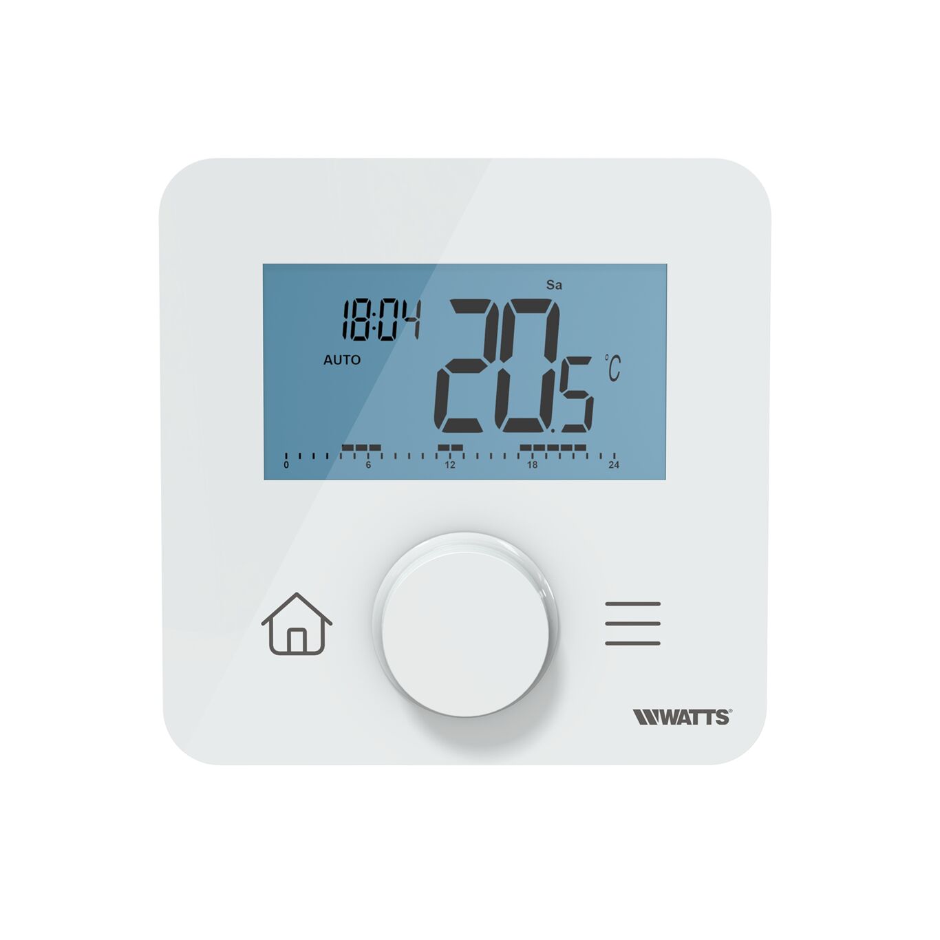 Wireless room thermostat BT-DP03-RF, white, with LCD display showing temperature and time, rotary control knob, front view