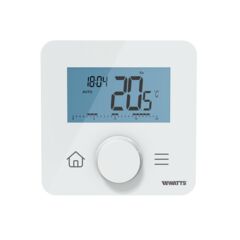 Termostato ambiente wireless BT-DP03-RF, bianco, con display LCD che mostra temperatura e ora, manopola di controllo rotativa, vista frontale