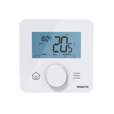 Wireless room thermostat BT-DP03-RF, white, with LCD display showing temperature and time, rotary control knob, front view