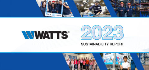 WATTS 2023 Sustainability Report cover with employees, facilities, and initiatives on environmental and social responsibility.