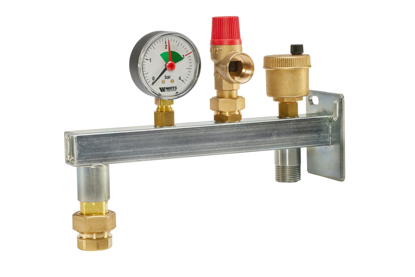 Watts GAG/MR20 expansion vessel connection group with quick coupling, pressure gauge, safety valve, and air vent, front view.