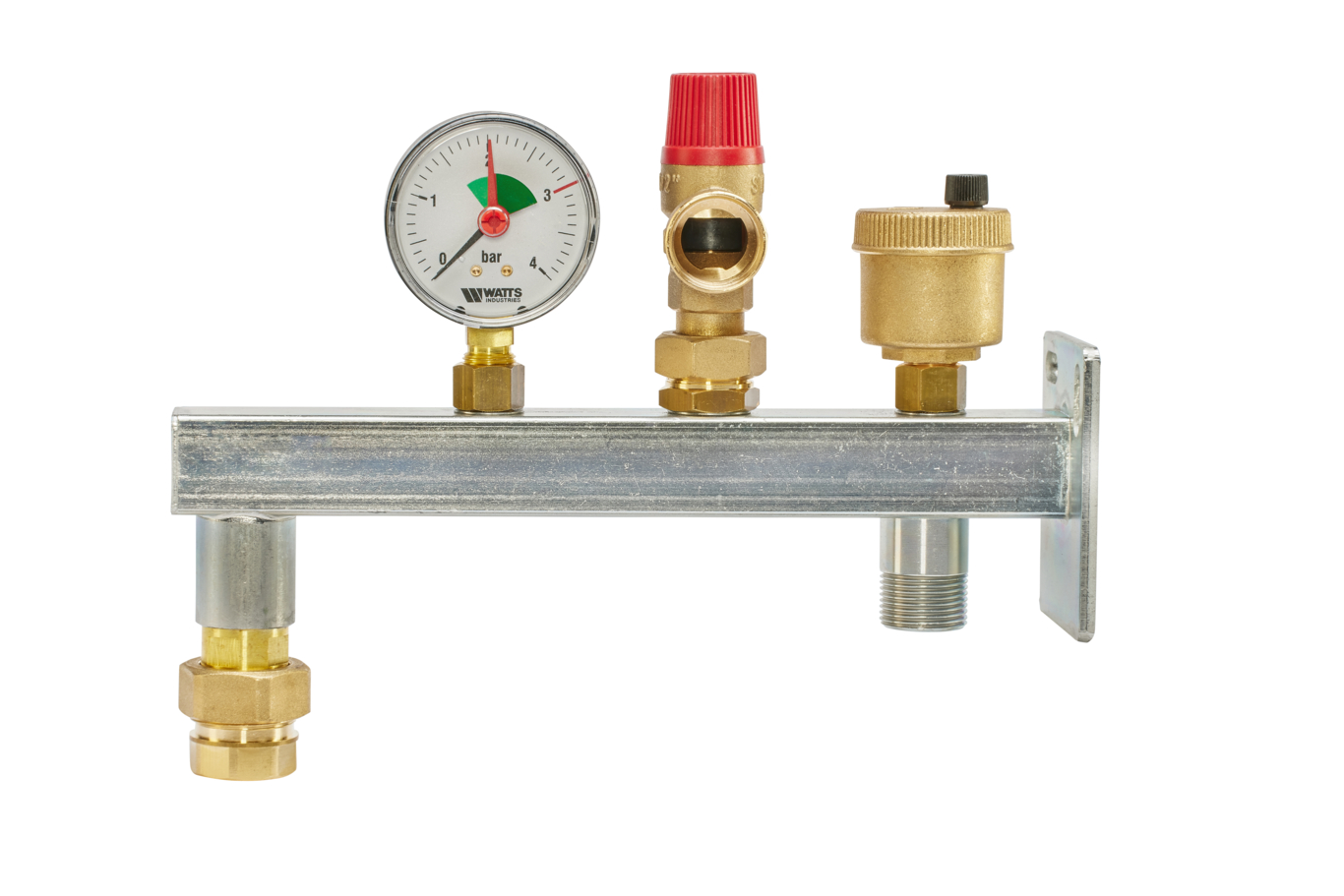 Watts GAG/MR20 expansion vessel connection group with quick coupling, pressure gauge, safety valve with red cap, and air vent, front view.