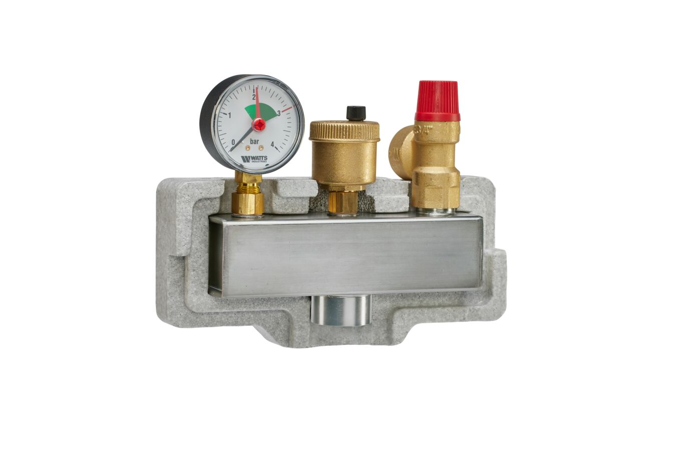 Watts KSG30 boiler safety group with backshell insulation and galvanised steel bracket for heating systems from 50 to 200 kW, with pressure gauge, air vent and red 3-bar safety valve, angled front view.