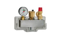Watts KSG30 boiler safety group with backshell insulation and galvanised steel bracket for heating systems from 50 to 200 kW, with pressure gauge, air vent and red 3-bar safety valve, angled front view.