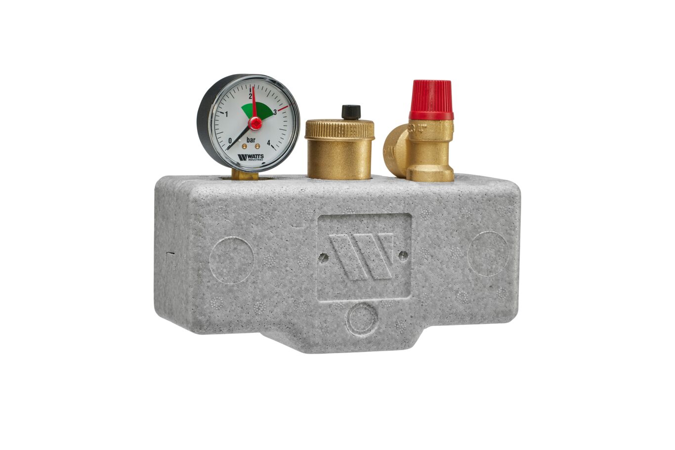 Watts KSG30 ketelbeveiligingsgroep met grijze isolatie voor verwarmingssystemen van 50 kW, met manometer, automatische ontluchter en rode 3-bar veiligheidsklep, schuin vooraanzicht.