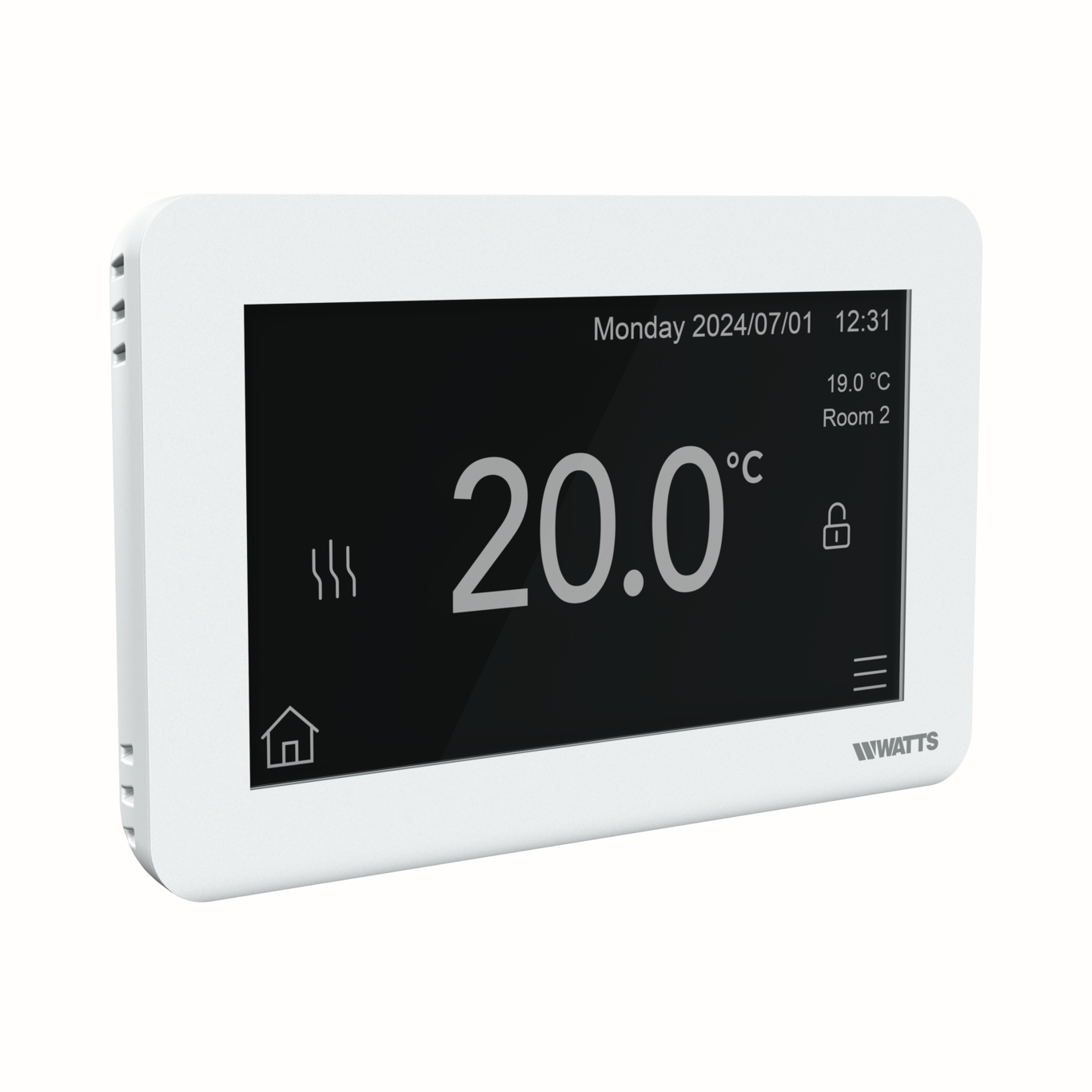Smart thermostat BT-ST03 RF, white, with touchscreen display showing temperature and icons, angled view