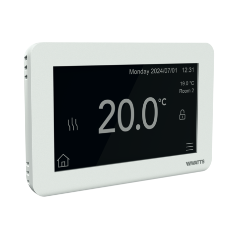 Smart thermostat BT-ST03 RF, white, with touchscreen display showing temperature and icons, angled view
