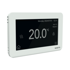 Smart thermostat BT-ST03 RF, black, with touchscreen display showing temperature and icons, angled view
