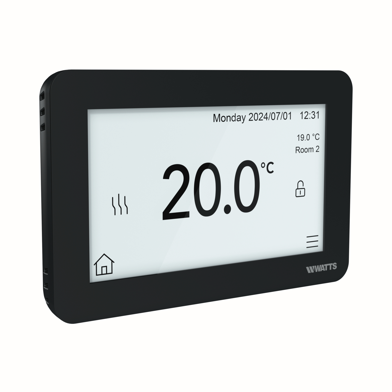 Smart thermostat BT-ST03 RF, black, with touchscreen display showing temperature, date, and control icons, angled view