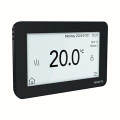 Smart-Thermostat BT-ST03 RF, schwarz, mit Touchscreen-Display mit Temperatur-, Datums- und Steuerungssymbolen, schräge Ansicht