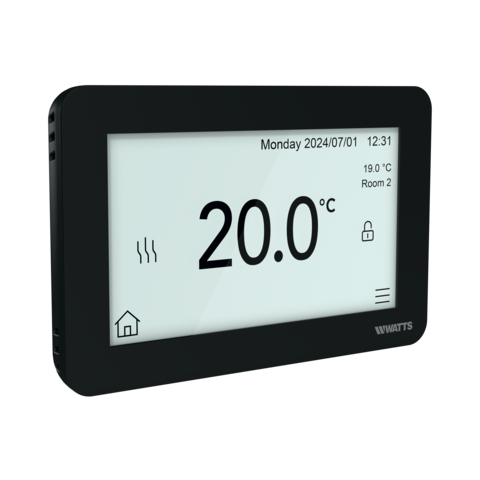 Smart thermostat BT-ST03 RF, black, with touchscreen display showing temperature, date, and control icons, angled view