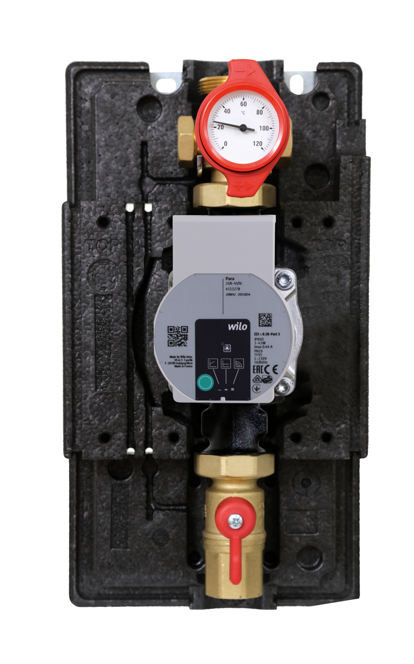 Watts pump assembly FlowBox HK25-Single (flow line only) with open EPP insulation, integrated Wilo circulation pump, ball valve with integrated thermometer at the top and additional ball valve below the pump, front view.