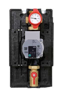Watts pump assembly FlowBox HK25-Single (flow line only) with open EPP insulation, integrated Wilo circulation pump, ball valve with integrated thermometer at the top and additional ball valve below the pump, front view.