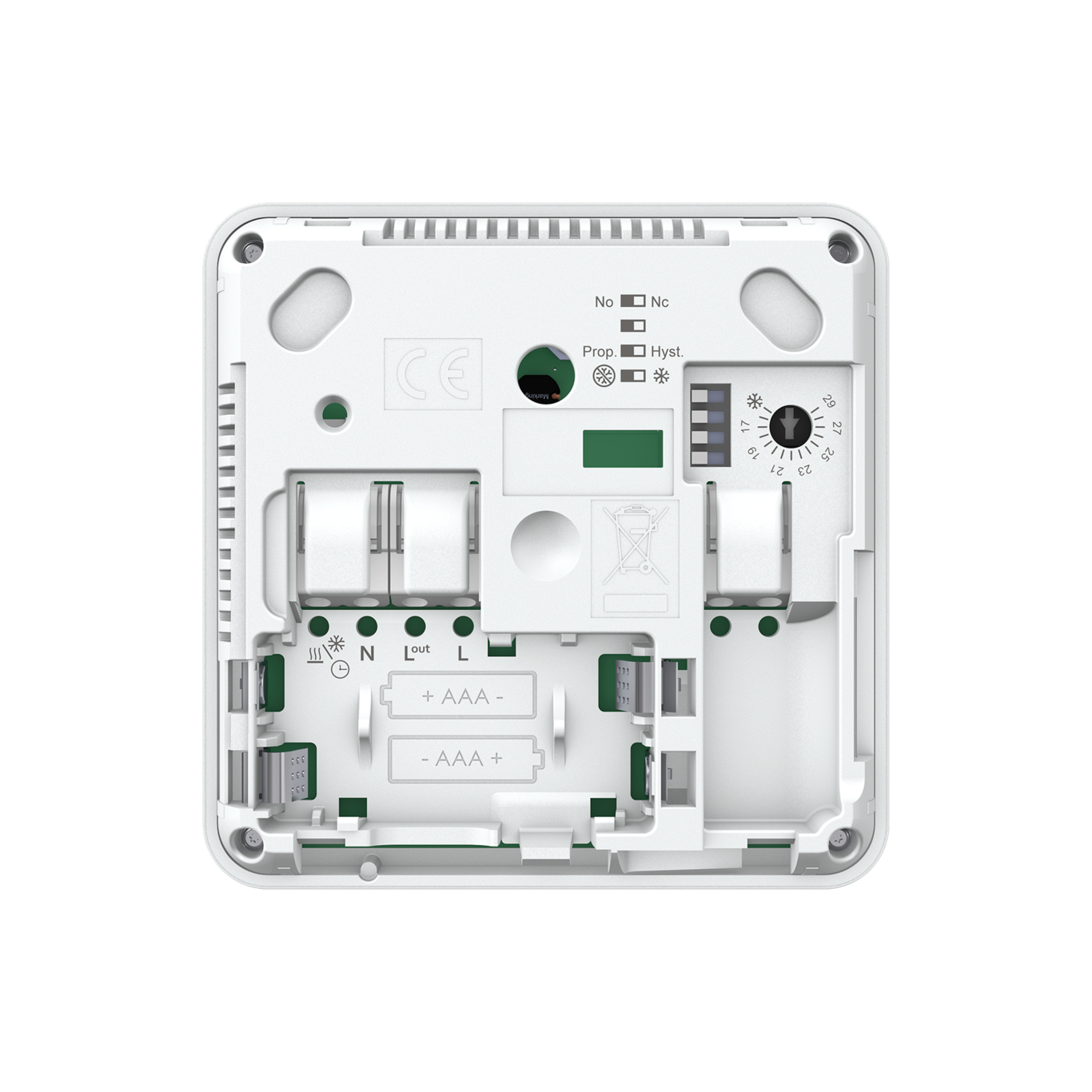 Thermostat d’ambiance filaire analogique Watts Heat&Cool WT-A03 HC PA, vue arrière présentant borniers de raccordement, logements pour piles AAA, micro-interrupteurs et molette de réglage.