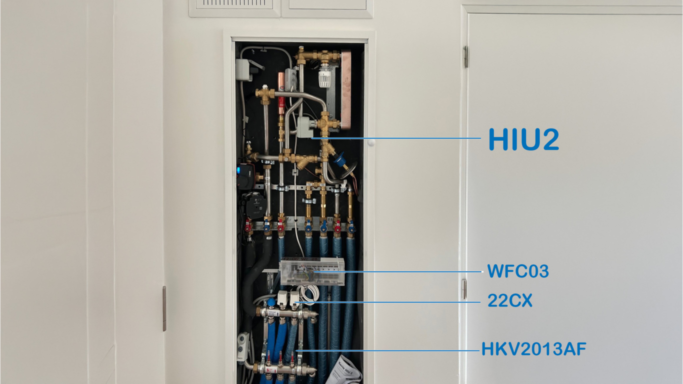 Installed HIU2 HKM heat interface unit with stainless steel heating manifold inside flush-mounted system cabinet with product descriptions.