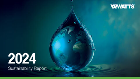 Cover of WATTS 2024 Sustainability Report featuring a water droplet with a globe inside, symbolizing global environmental responsibility.